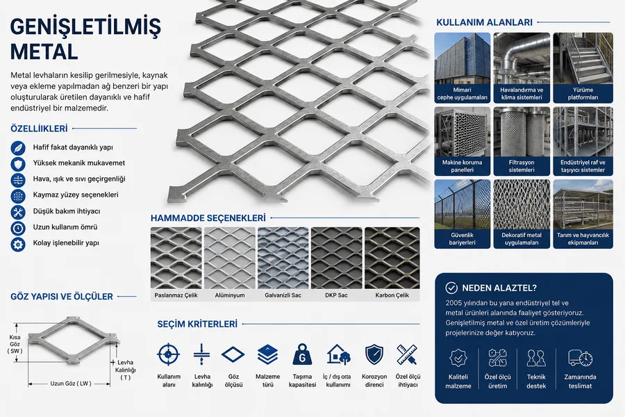 Genişletilmiş metalin teknik özelliklerini, kullanım alanlarını, hammadde seçeneklerini ve seçim kriterlerini gösteren bilgilendirici infografik.